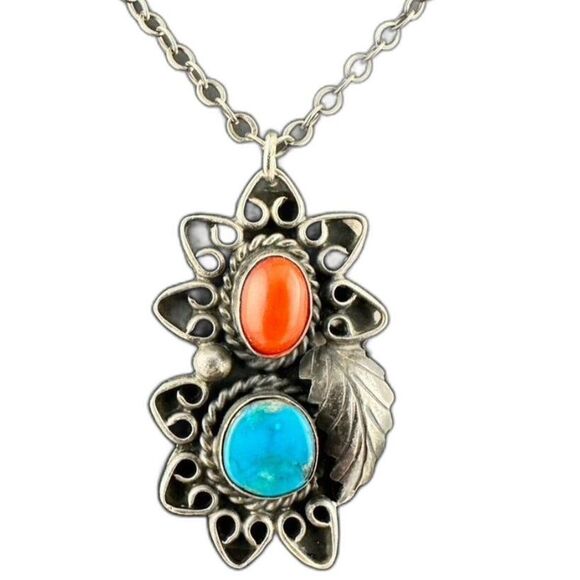 Vintage Sterling Silver Turquoise Coral Native Old Pawn Pendant Necklace - Picture 1 of 6